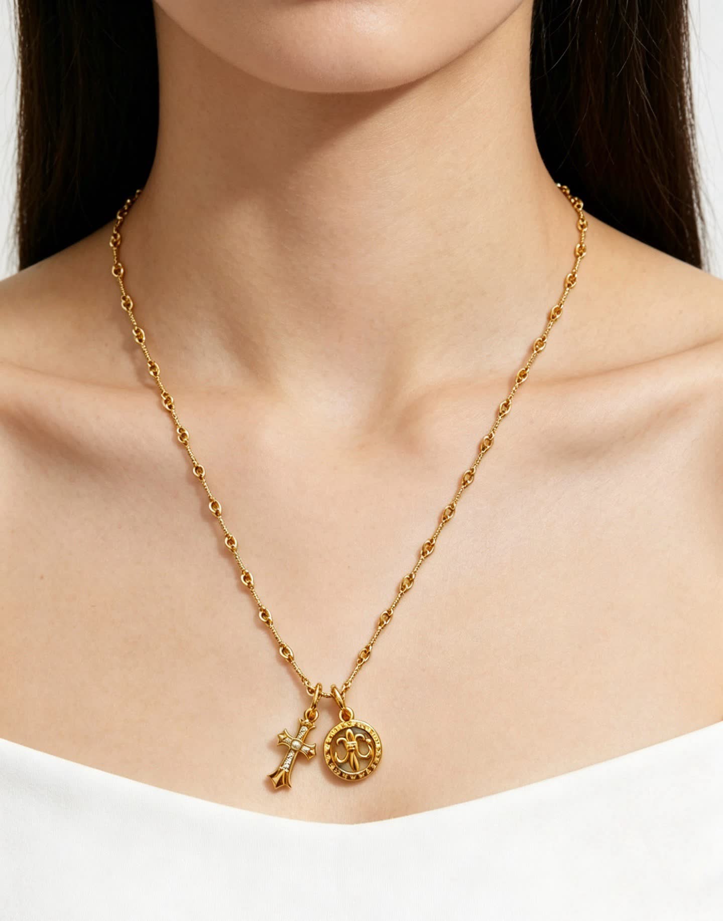 Chrome Hearts Gold Rosary Necklace with Cross and Round Medallion